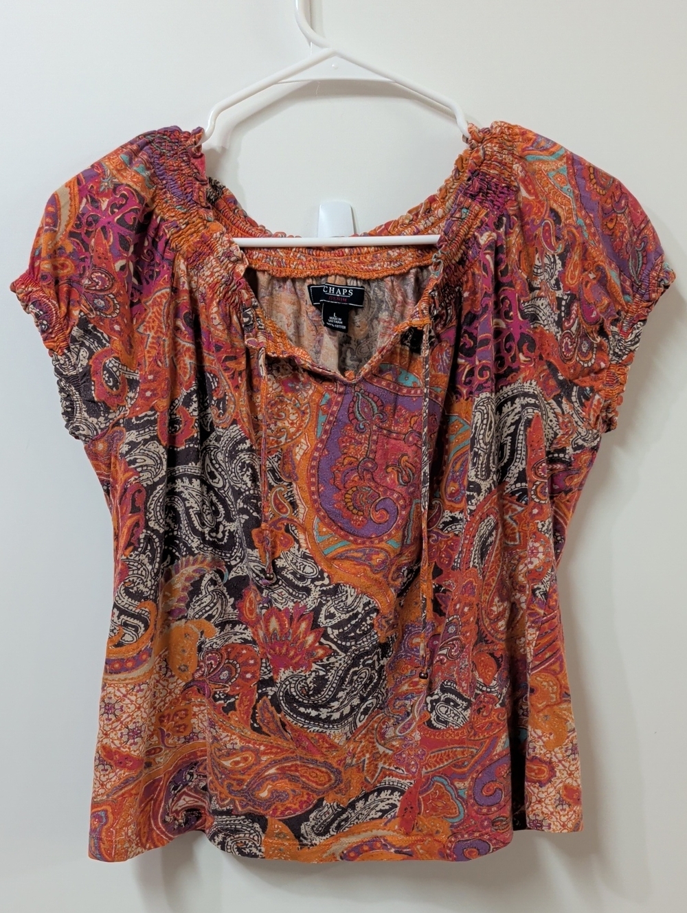 Chaps Women's Paisley Short-Sleeve Blouse in Orange and Purple